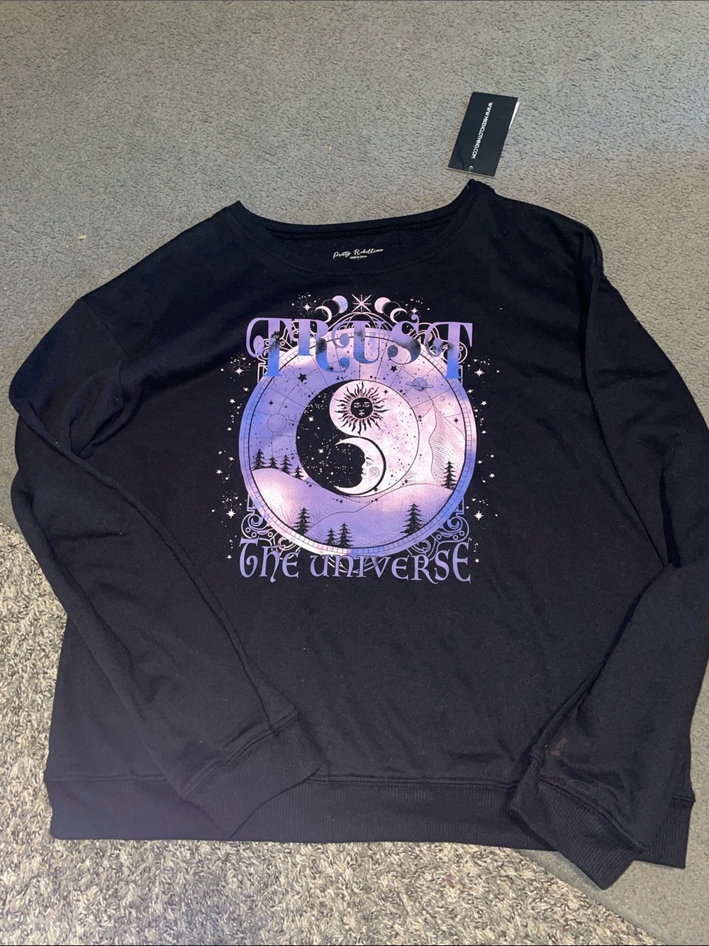 Pretty Rebellious Black Sweatshirt with Purple/Pink Celestial Graphic